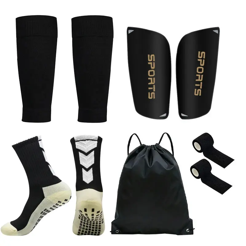 Soccer Sports Protection Gear Set for Men & Women, 5-Piece Nylon Athletic Kit with Non-Slip Grip Socks, Shin Guards & Leg Sleeves for Football