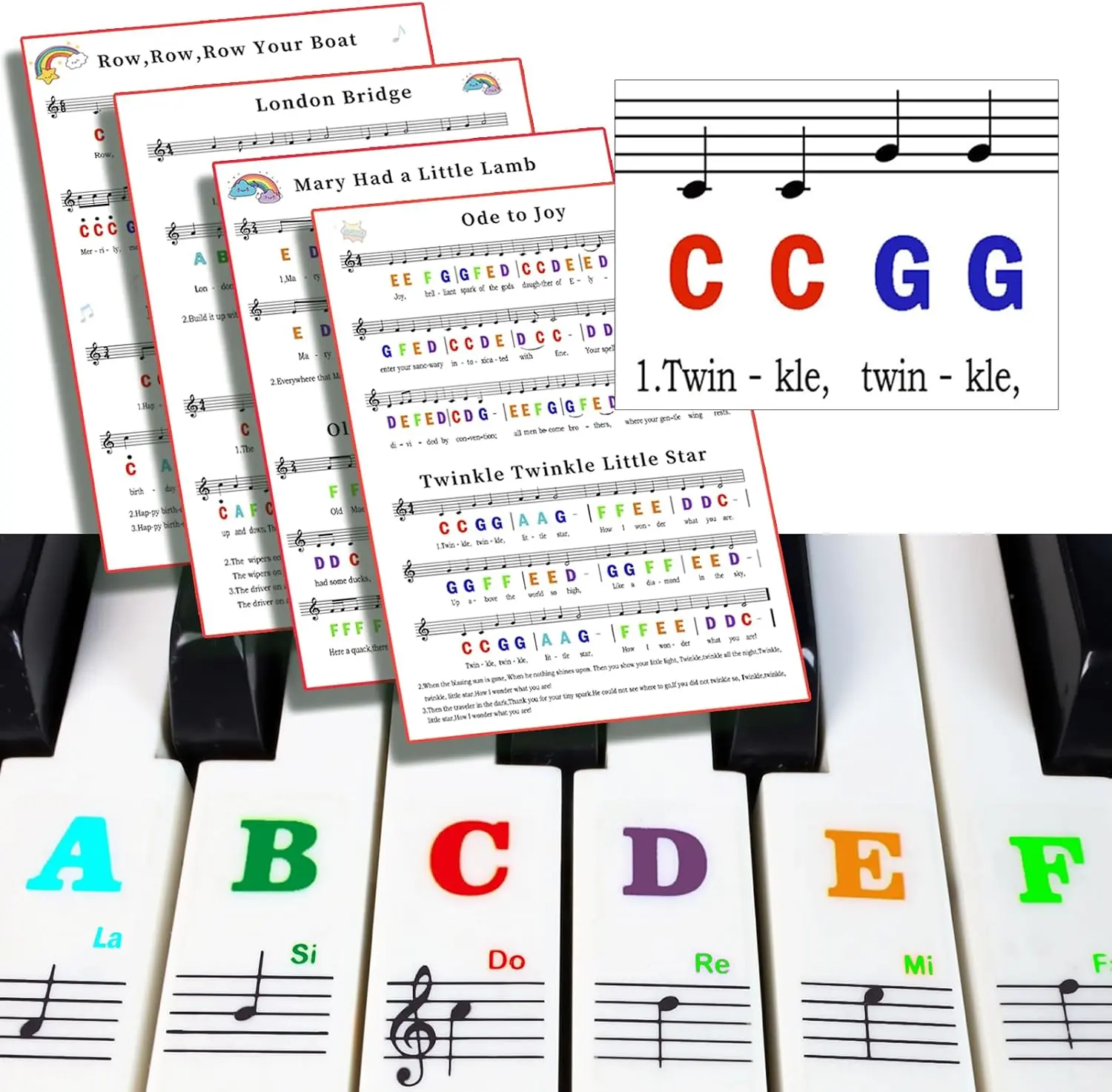 Halloween Fall Gift Piano Keyboard Stickers for 88/61/54/49/37 Key, with Piano Sheet Music,Large Letter Piano Key Stickers for Learning, Removable Notes Label for Beginners and Kids,Multicolor