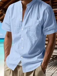 Menswear, Men's solid color linen short-sleeved shirt, classic stand-up collar and front pocket design, casual fitted upper, summer lightweight breathable comfortable shirt