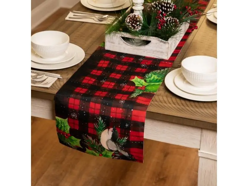 Northlight 36231558 72 x 12 in. Plaid with Holly & Berries Rectangular Christmas Table Runner, Multi Color