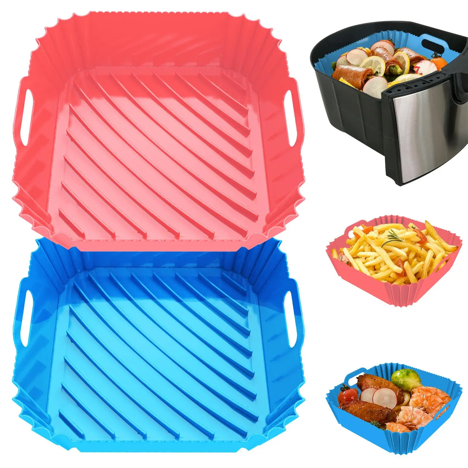2 Pack Air Fryer Silicone Liners Square 8.6 Inch for 4-7 Qt Air Fryer, Reusable Pot Oven Liner Baking Tray, Cooking Basket Silicone Mat Bowl Accessori