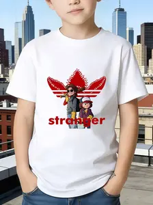 Boys' Cotton Round Neck Short Sleeve Graphic T-Shirt - Fade-Resistant, Medium-Stretch Slogan Text, Retro Stranger Things Inspired Casual Top for Young Fans