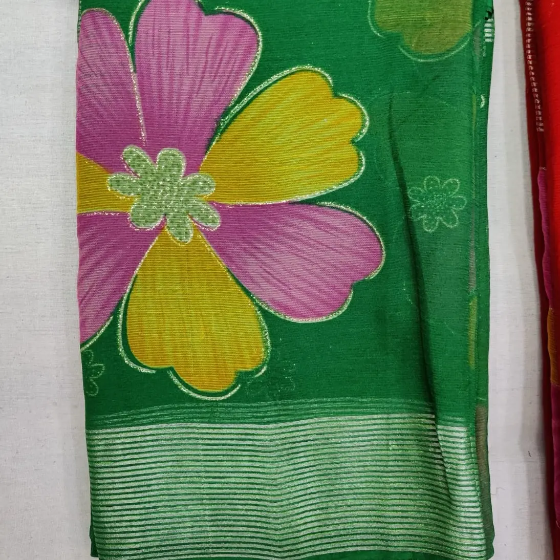 High quality Flower print ciffion sari falls and pico done