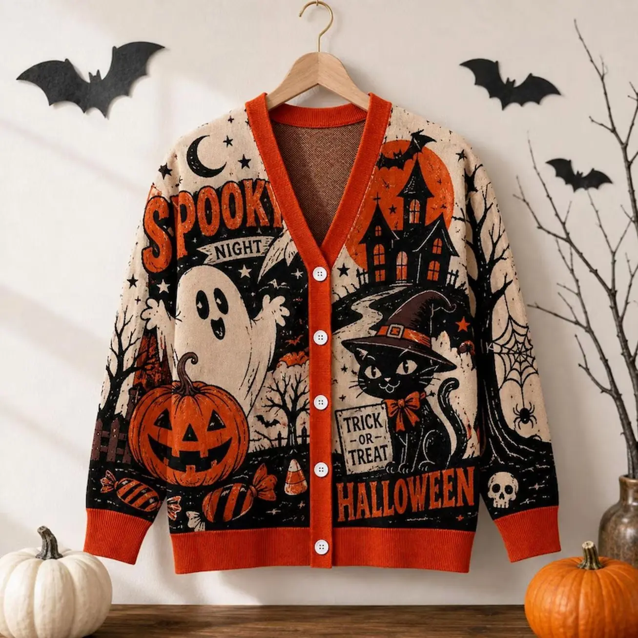 Cream Orange Halloween Cardigan Jacket, Spooky Night Ghost, Witch Cat, Pumpkin Haunted House Print