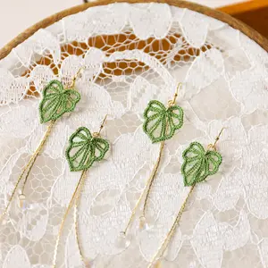 Crochet Monstera Leaf Dangle Earrings: 14K Gold Plated, Nature Inspired