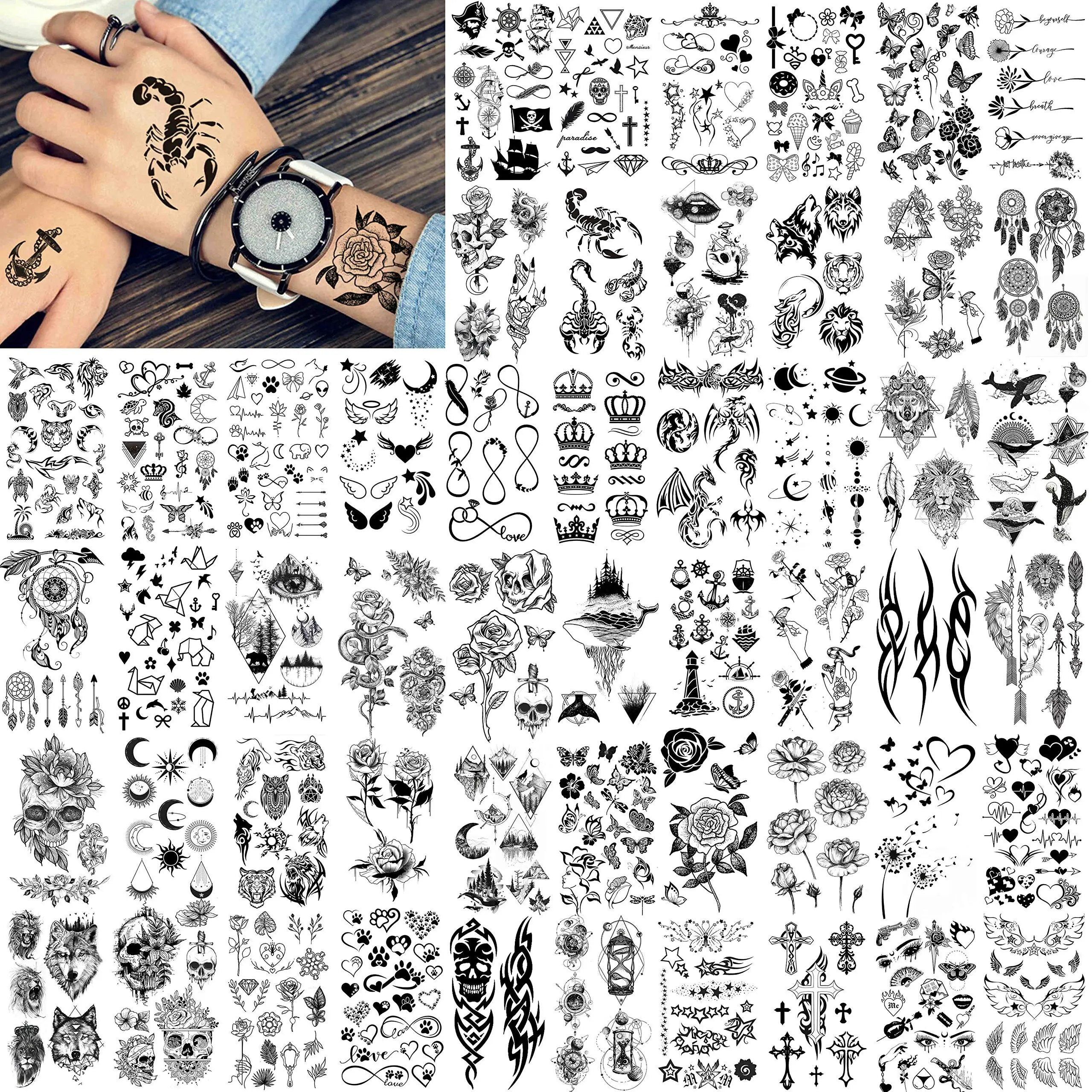 52-Sheet Creative Black Temporary Tattoo Kit - Removable, Waterproof, Realistic Stickers with Geometric, Crown, Infinity, Star, Letter, Scorpion Designs for Teens, Adults - Ideal for Halloween, Arm, Hand Use