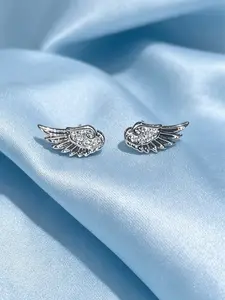 Trendy Unique Design Feather Wings Zircon Mini Earrings, Simple Personalized Women Party Daily Versatile Screw Back Secure Backing Ear Studs
