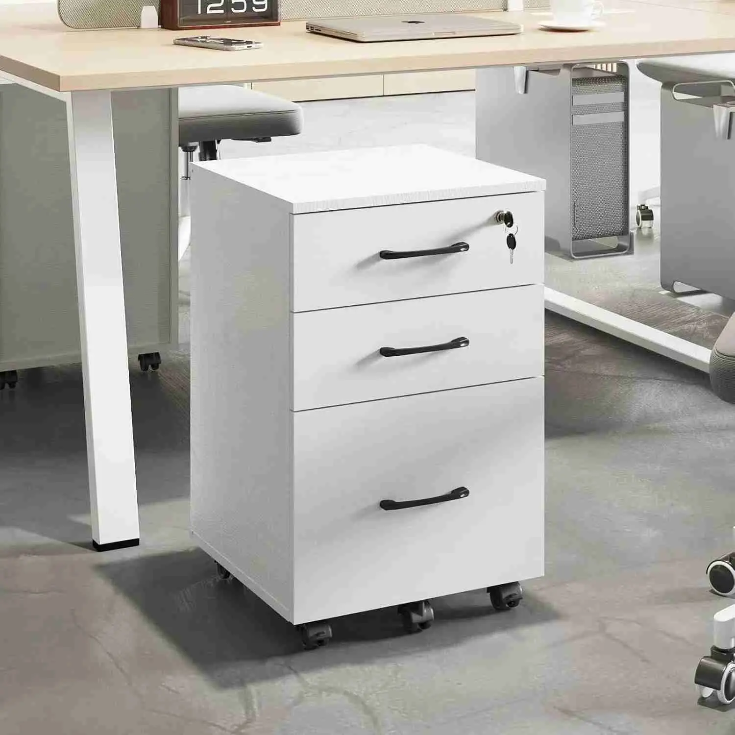 3-Drawer Lockable Rolling Vertical File Cabinet - Modern Office Furniture, Specialty Office Furniture, Stable Freestanding Unit with Drawer Organization, Rolling Castors, Built-In Lock, Under Desk Wood Storage for Letter/Legal/A4 Sizes, 200 lbs Capacity