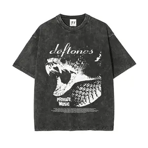 Vintage Washed Black Deftones T-Shirt with Snake Graphic, Oversized Rock Band Streetwear Tee, Casual  for Men & Women