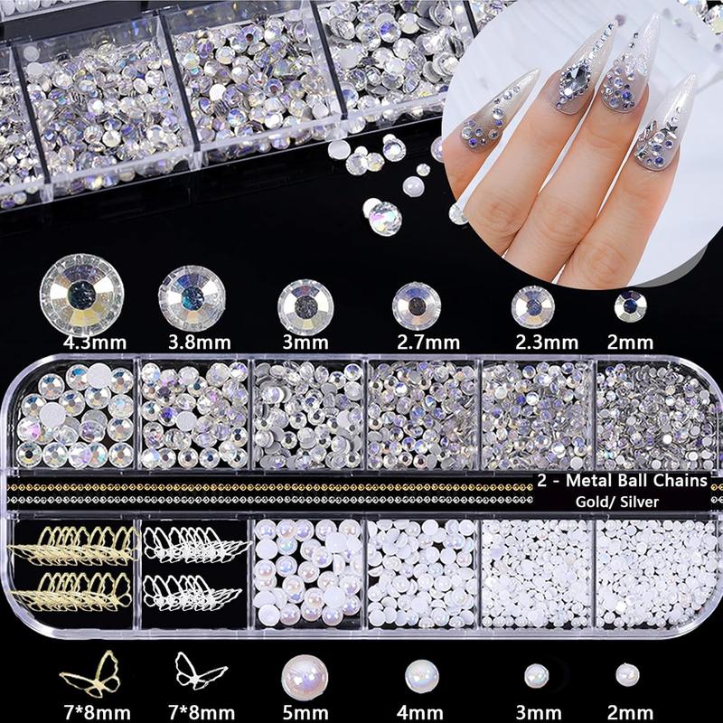 2 Pack 3D Acrylic Butterfly Flowers Nail Accessories Diamond Pearl Chain Half Circle Decal Jewelry Metal Hollow Nail Accessories Fashion Accessories