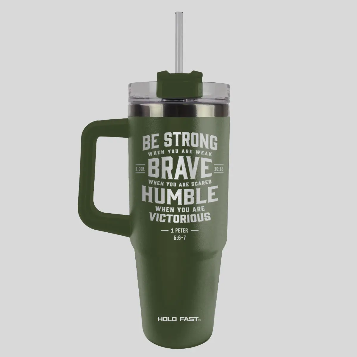 HOLD FAST 30 oz Stainless Steel Handled Tumbler with Plastic Lid, Straw, Coffee Compatibility, and Strong-Brave-Humble Script Text
