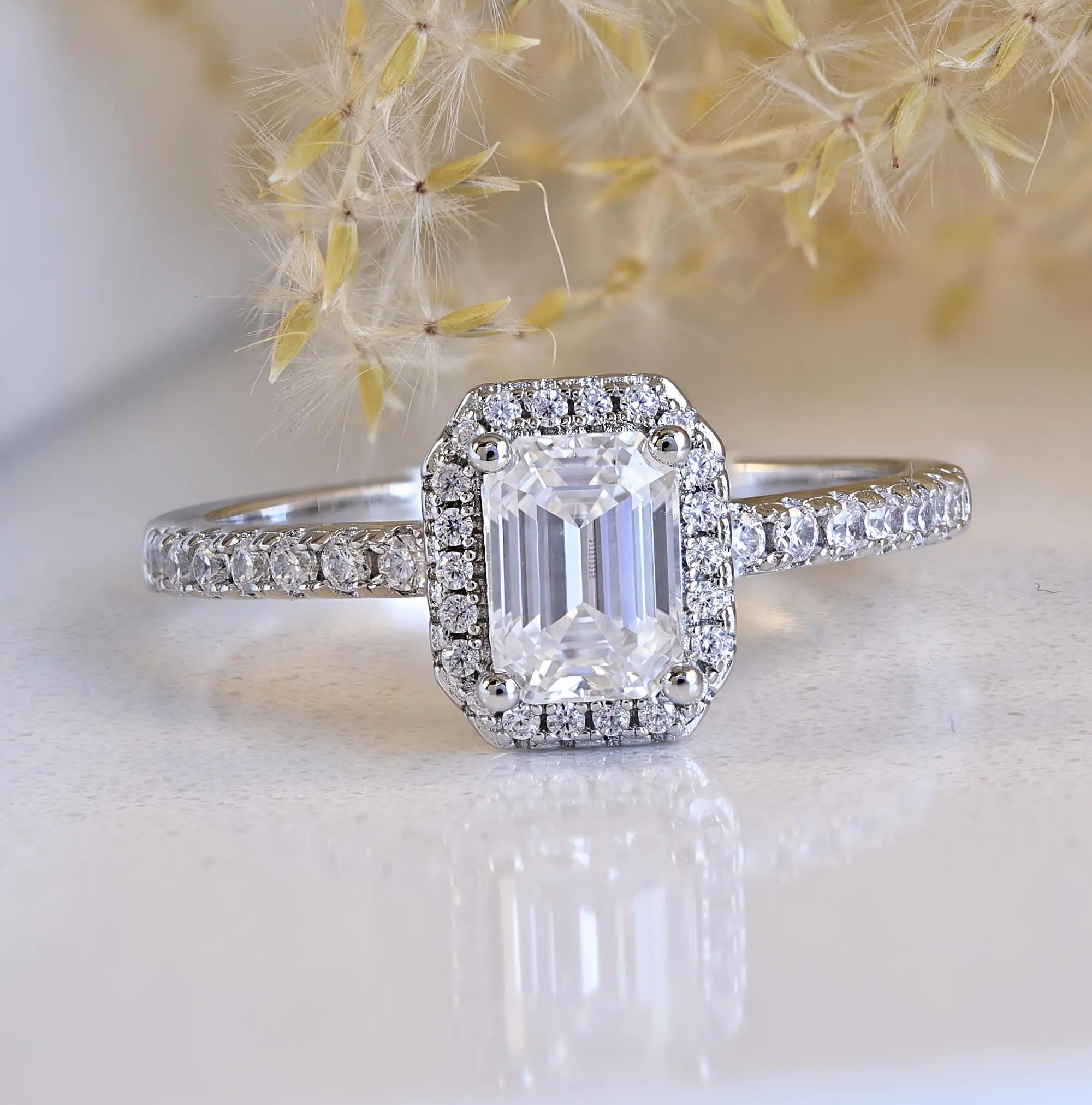Janefashions Emerald Cut Halo VVS1 Moissanite Engagement Wedding Bridal Simulant Diamond Ring Silver Size 4.5-9 S96D