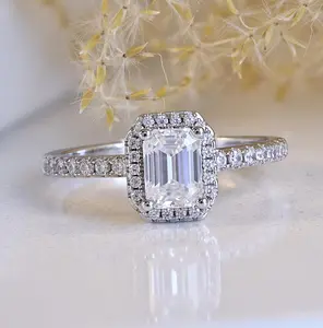 Janefashions Emerald Cut Halo VVS1 Moissanite Engagement Wedding Bridal Simulant Diamond Ring Silver Size 4.5-9 S96D