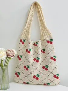 Women's Cute Cherry Pattern Crochet Shoulder Bag, Casual Trendy Knitted Bag, Fashionable Crochet Bag for Daily Use, Slouch Bag