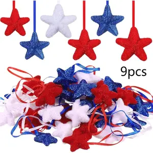 9 pieces, July 4th star decoration patriotic hanging decoration white red blue star-shaped decoration for American Independence Day, President's Day, home indoor and outdoor party decoration, Independence Day party decoration (sparkle style)