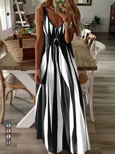 2026 New Elegant V-Neck Long Dress, Striped All over Print, Sleeveless Boho Style, Fitted Cut Out Design, Women's Fashion for Dates and Vacations