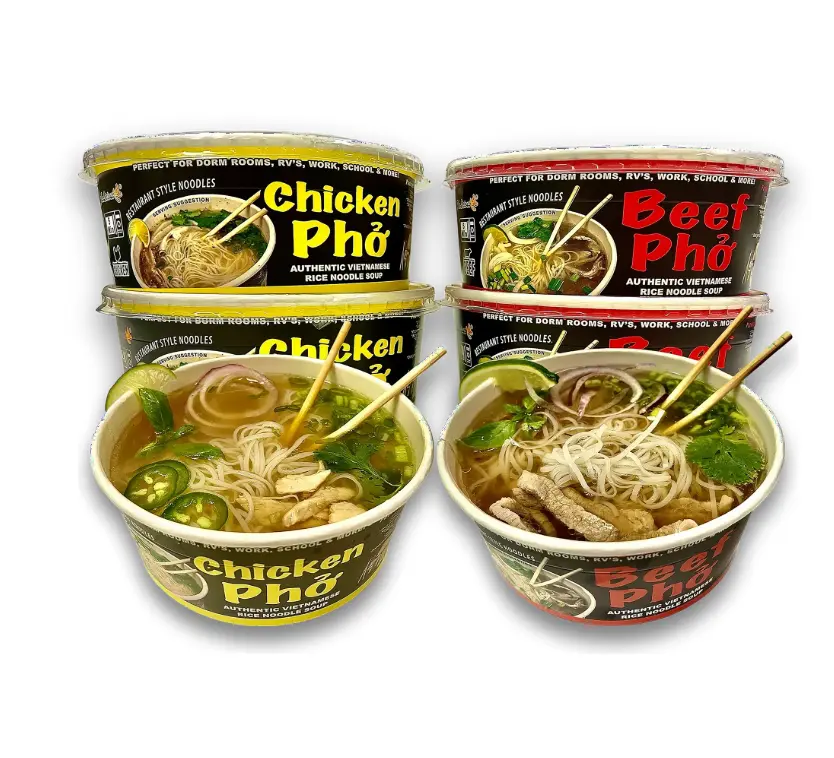Pholicious Instant Pho Variety Pack, Vietnamese Rice Noodle Soup, 4 Count Combo Box, 2 Chicken & 2 Beef Single Serve 3.6 Ounce Bowls, Ramen Alternative & Fresh Ingredients