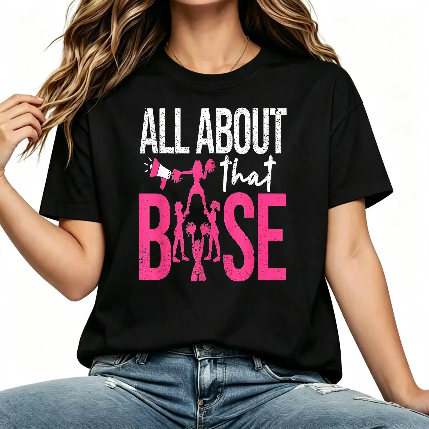 Womens T shirts Funny Cheerleading All About That Base Cheer Leader Graphic Tee Casual Trendy Comfortable Fit Top