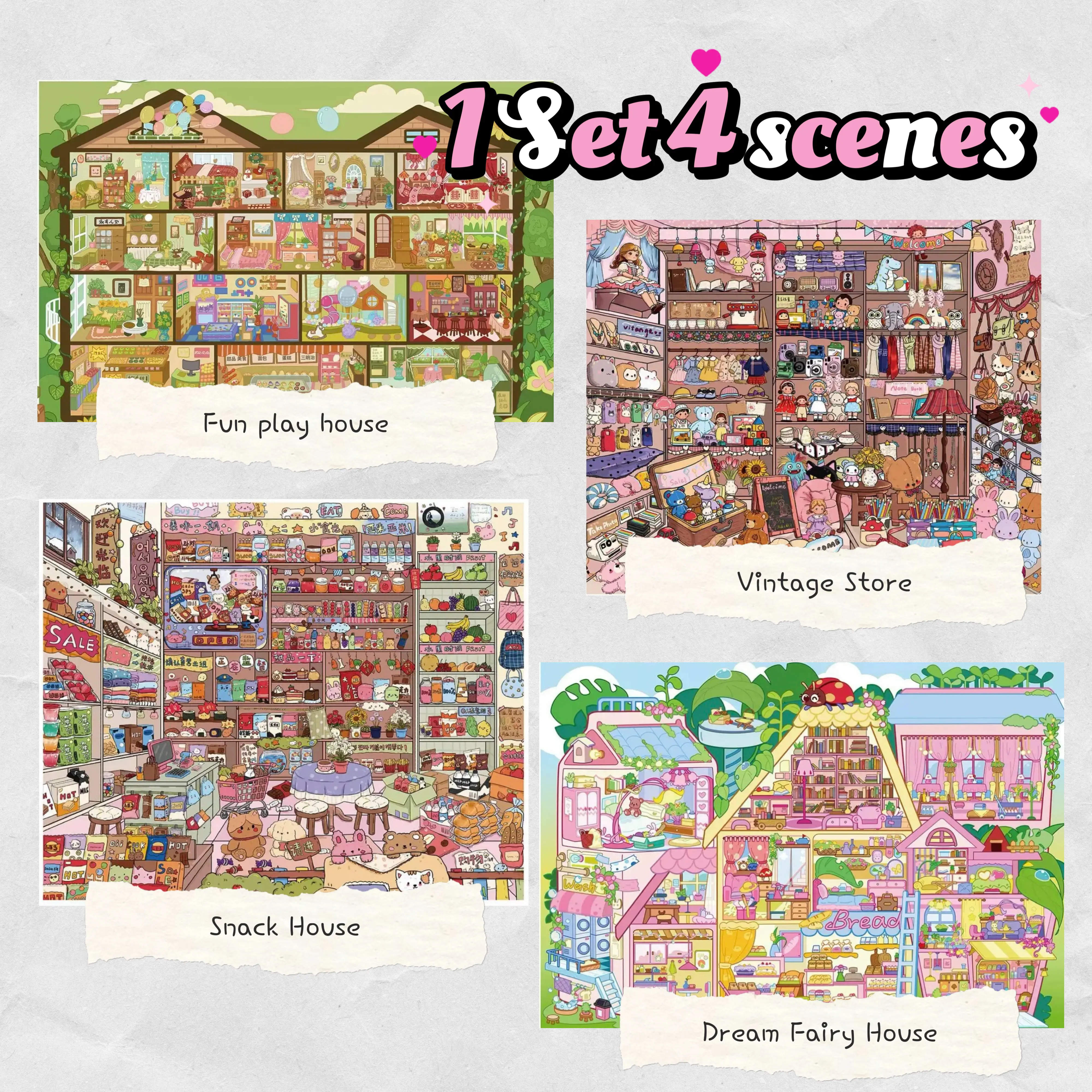 Large size diy scene sticker ,Fun house series , scene stickers, 1 set 4 scenes, diy ,art gift , stress-relief, relaxing activity, cute sticker, 3d sticker,