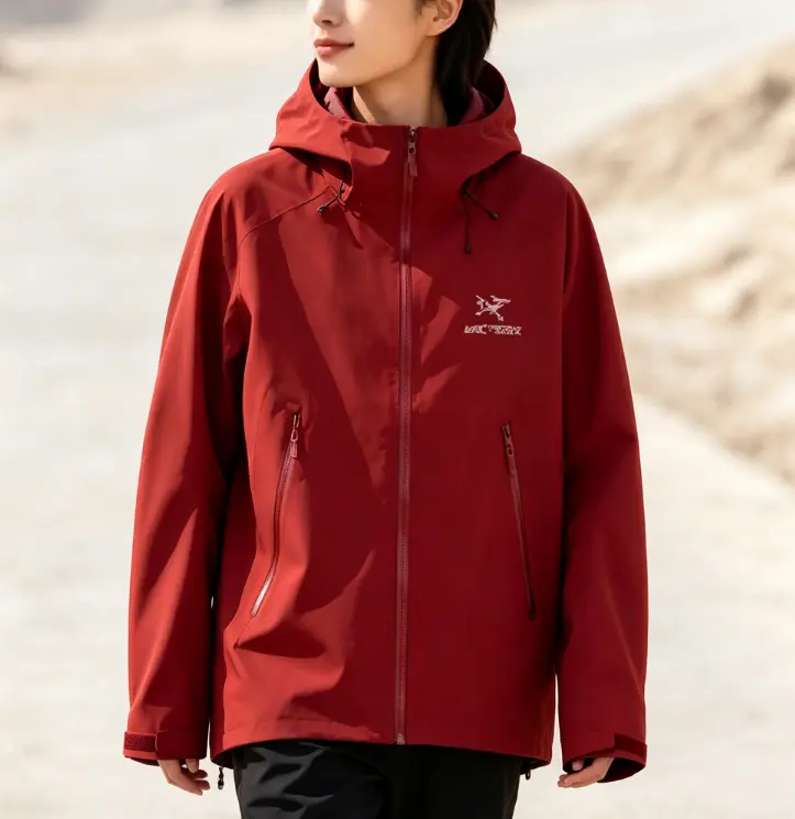 Wine Red Hooded Outdoor Shell Jacket, Waterproof Windproof Fabric, Adjustable Hood, Great for Hiking Camping Daily Outdoor Trips