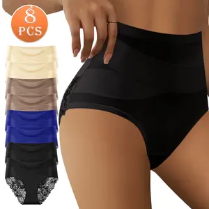 QUASTI 8/10 PCS Elegant Lace High-Waisted Women's Panties, Crisscross design, Elegance Lace-Trimmed Back, Soft and Breathable Fabric, Highly Elastic and Skin-Friendly, Full Hip Coverage, Comfortable Everyday Womenswear Seamless Underwear Sizes S-XXL