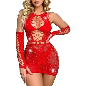 Sexy Lingerie For Women Naughty Rhinestone Sparkle Fishnet Lingerie Set Teddy Erotic Mesh Rave Outfit
