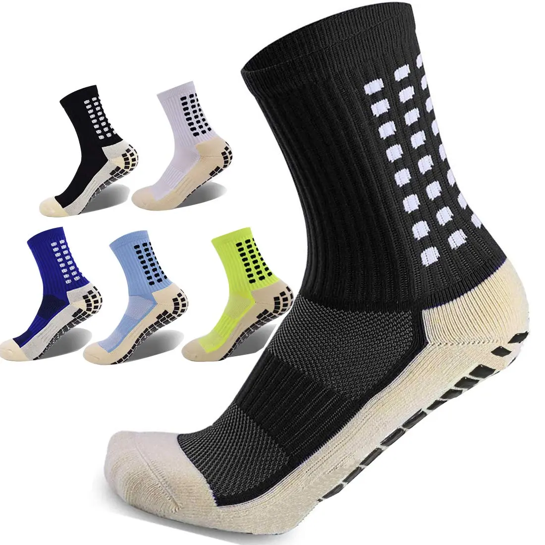 Men's Mid-Calf Synthetic Grip Socks, 3/6/10 Pairs, Cushioned, Anti-Slip Silicone Grips, Moisture-Wicking, All-Season Sports Athletic Socks for Professional Soccer Training & Matches