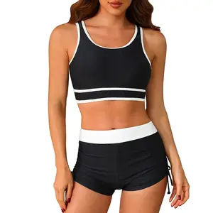 Holipick Women's Sporty Bikini Sets Two Piece Color Block Swimsuit Bathing Suits with High Waisted Boy Shorts Bottom