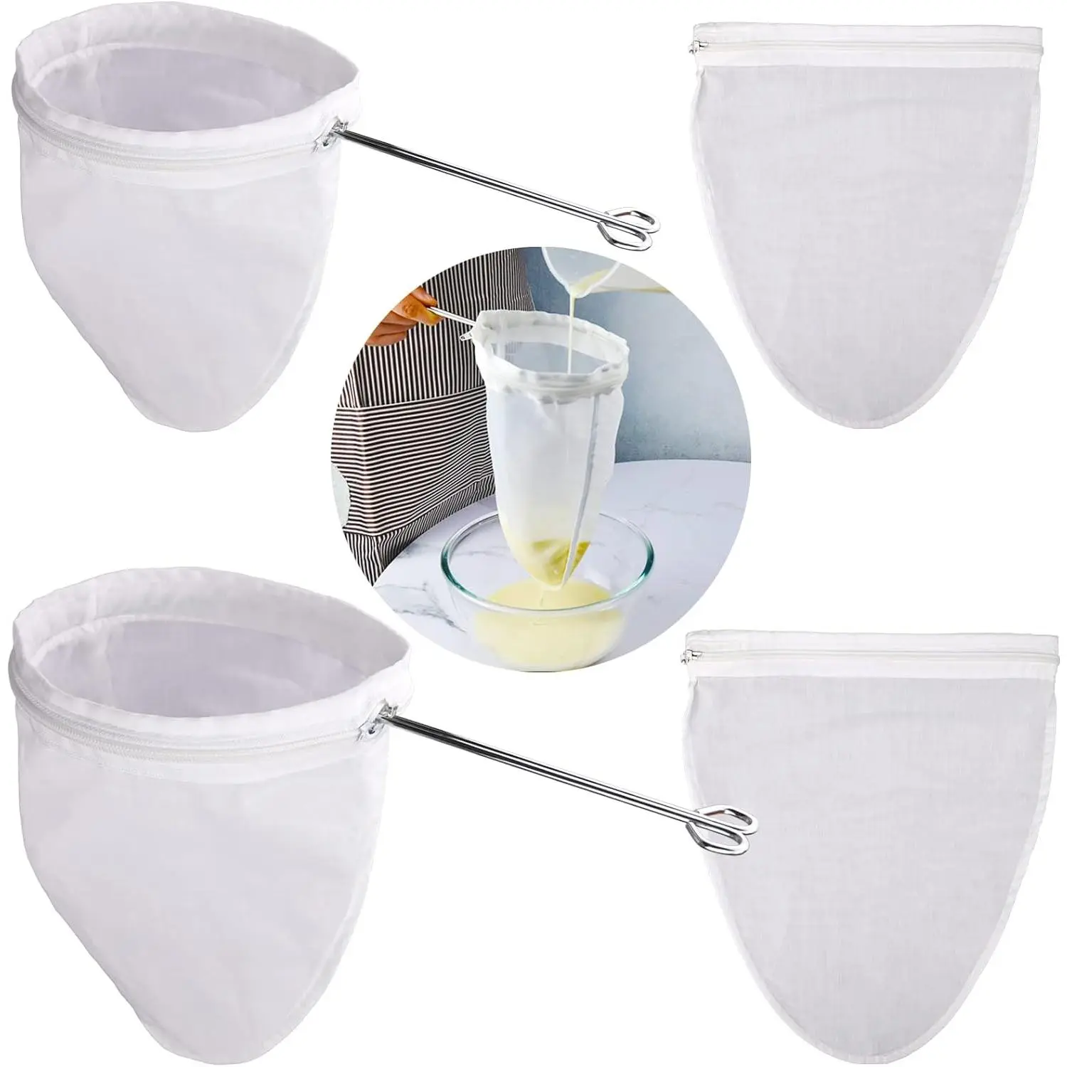 Ultra Fine Mesh Strainer Bags,  Mesh Filter Bags with Stainless Steel Handle Frame for Filter NutMilk, Coffee, Milk, Butter, Juices and Fresh Cheese (Large + Small)