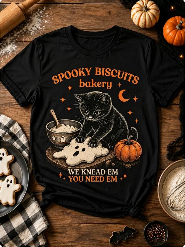 Women's Short Sleeve Retro Spooky Season Funny Graphic T-Shirt - Soft Cotton Fabric Top, Fun Graphics, Machine Washable Style - for Fall Parties, Everyday Casual Wear