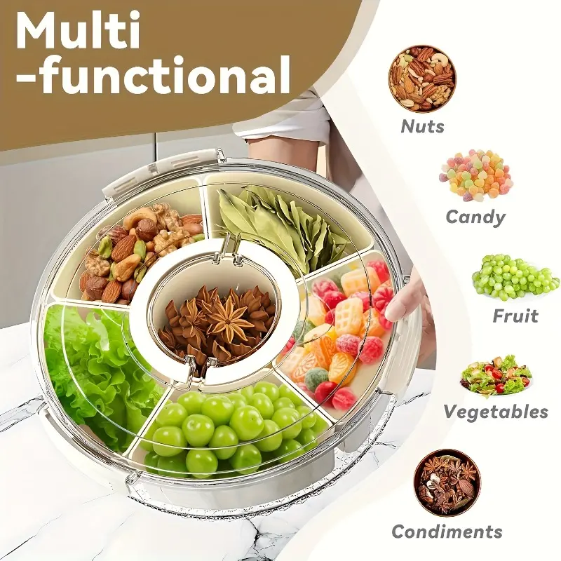 Greenland 360° Rotatable Compartmentalized Round Plastic Storage Container with Lid, Food-Safe Durable Kitchenware for Fruits, Snacks, Vegetables, Home & Restaurant Use, Multi-Functional Modern Preserving Container