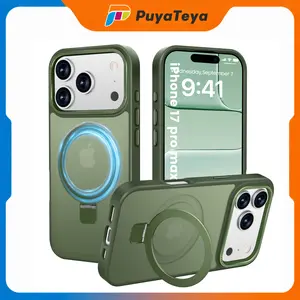 PuyaTeya MagSafe-Compatible Magnetic Aluminium Foldable Ring Stand Phone Case, Shockproof Translucent Matte Protective Casing for iPhone 15/16/17 Pro/Pro Max, Landscape-Ready Wireless Mobile Accessory for Outdoor Use