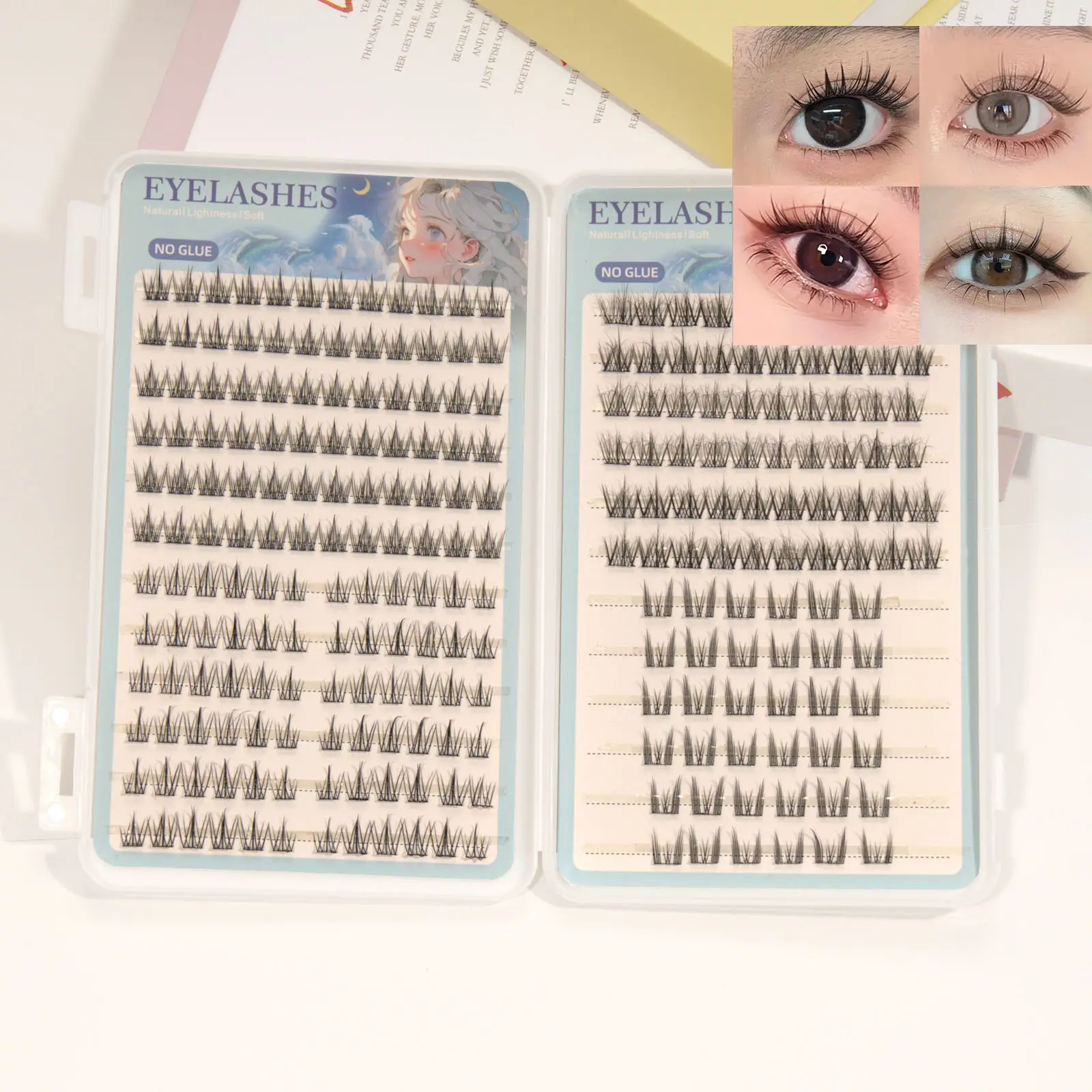 1 box of 4 natural self-adhesive false eyelashes - mixed length CC curly eyelashes, Cosmetic false lashes containing sunflower, trilogy, and camellia style cat eye false eyelashes, messy appearance, no need for glue False Eyelash Set