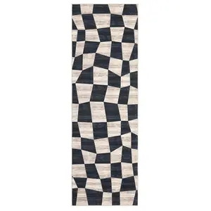2 x 6 ft Polyester Dark Blue Rectangular Hallway Entryway Bathroom Kitchen Geometric Checkered Modern Machine Washable Runner Rug-C