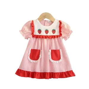 Toddler Girl Summer Outfit Strawberry/Watermelon Embroidery Striped Short Sleeve Ruffle Princess Dress with Pockets