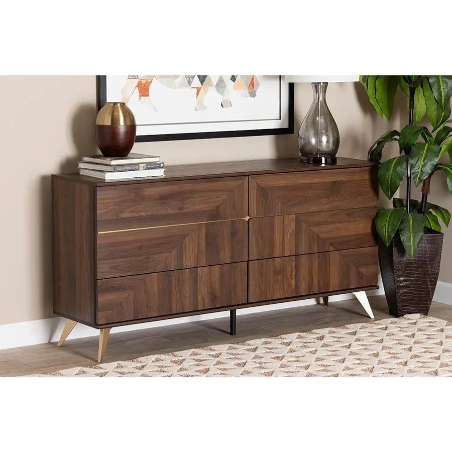 Baxton Studio Graceland Mid-Century Modern Transitional Walnut Brown Finished Wood 6-Drawer Dresser