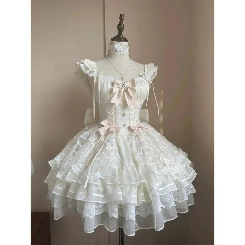 Japanese Dresses Vintage Korea Outfits Short Sleeve Lolita Kawaii Dress Women Princess Y2k Bow Even Party Clothing Cosplay
