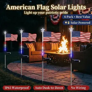 4 Pack Solar American Flag Garden decorative Lights,Each with Independent Solar Panel, 8 Modes IP65 Waterproof, Red White Blue LED Star Stake Lights for Yard Pathway 4th of July Memorial independence Day Decorations Outdoor