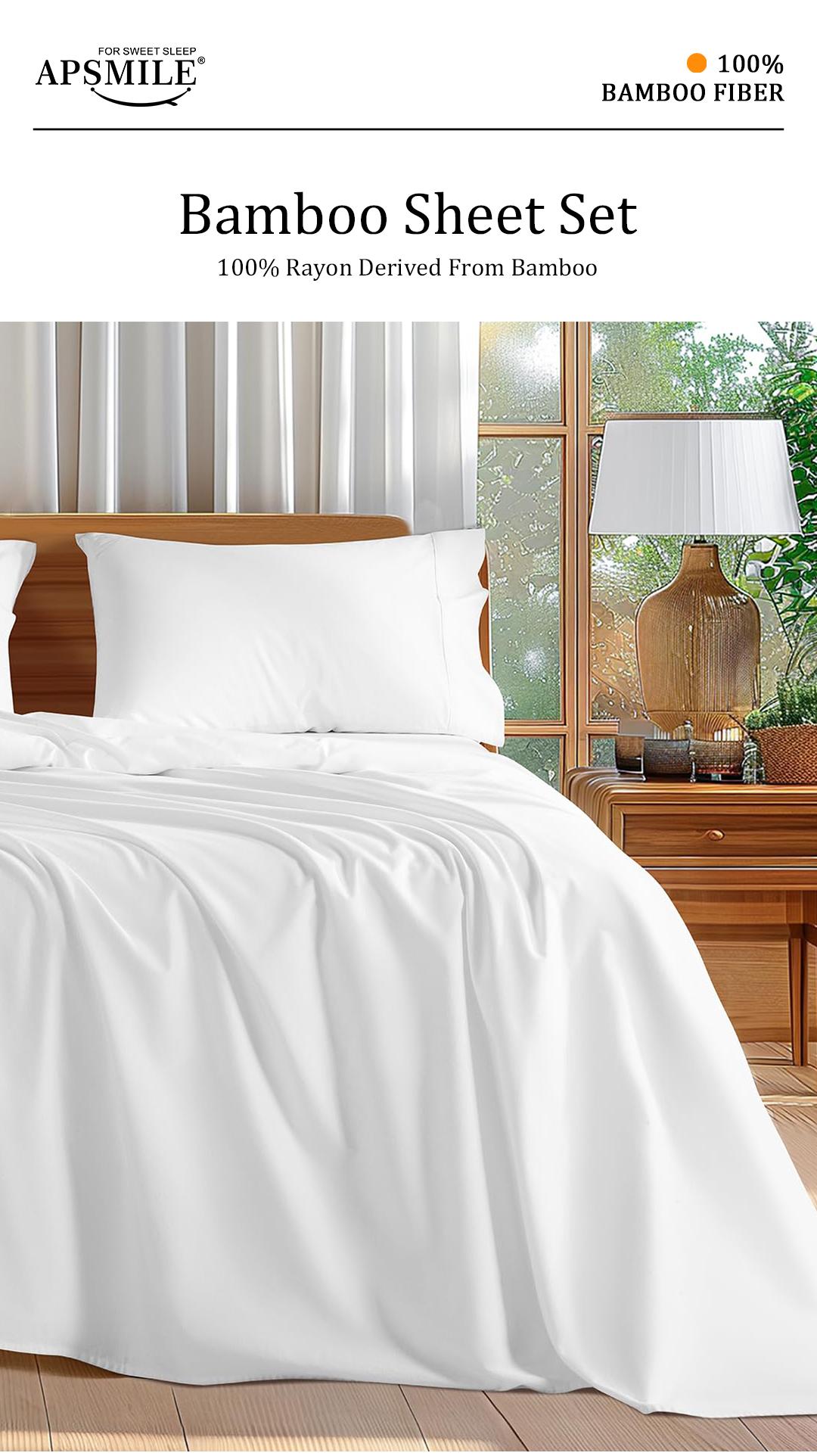 APSMILE Bamboo Sheet Sets 4 Piece , Organically Growth, Silky Soft & Cooling, 4 Piece (1 Fitted Sheet, 1 Flat Sheet and 2 Pillowcases) White Bedding Set with 15" Deep Pocket