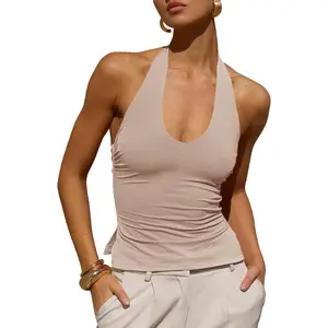 Tankaneo Womens Sexy Scoop Neck Halter Tops Backless Ruched Knit Tank Tops Summer Sleeveless Fitted Going Out Shirts