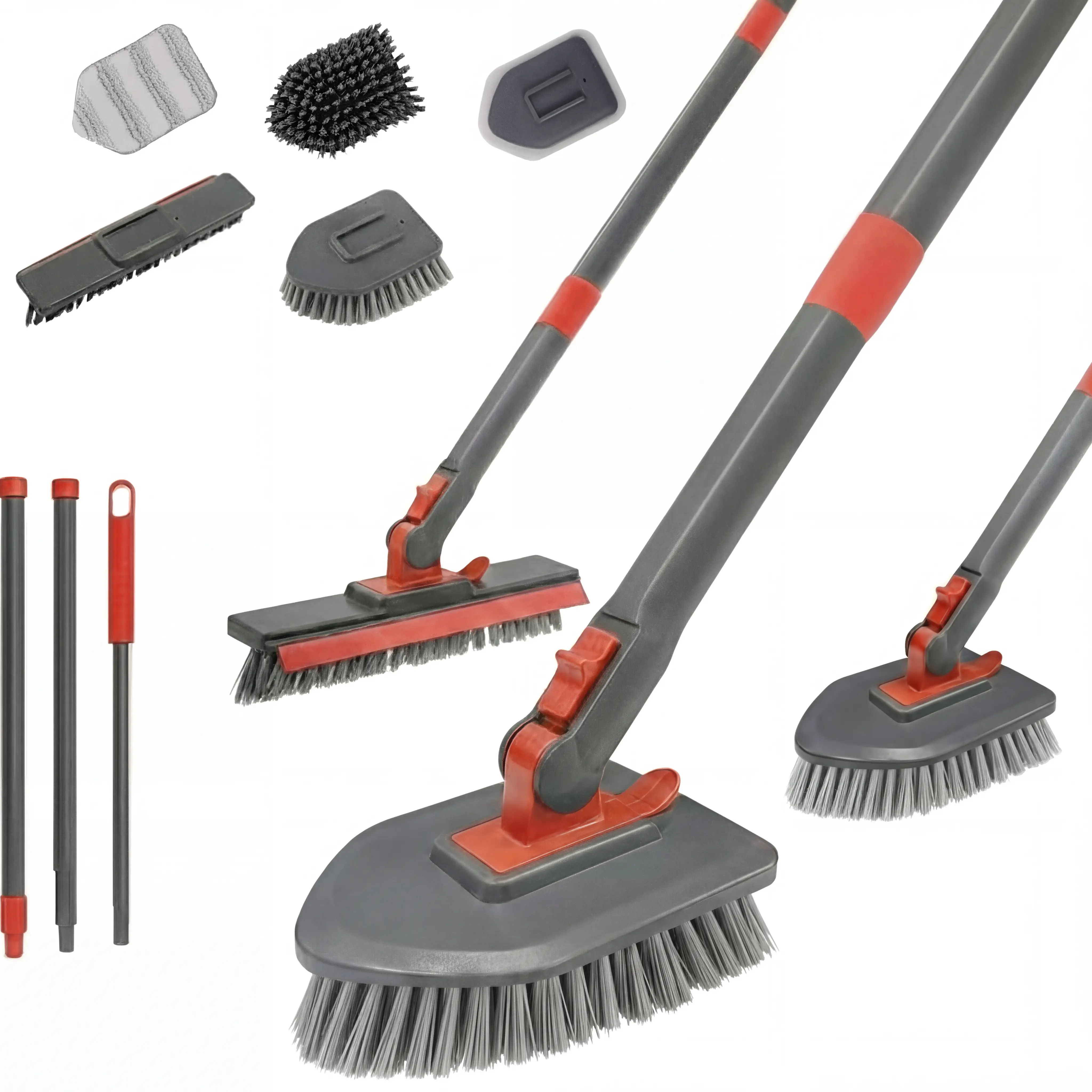 4-in-1 Long-Handle Shower Scrubber Cleaner Tool Set - Stiff-Bristle Grout Brush, Scrub Sponge, Microfiber Pad, Smooth-Slide Design, Ideal for Bathroom Bathtub & Tile Cleaning, Great Gift for Parents, Includes Microfiber Cloth & Iron Component