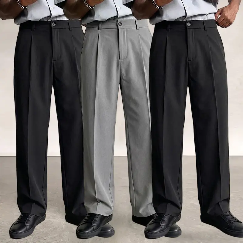 Men’s wide-leg dress pants with a button fly, straight cut and relaxed fit, featuring smooth drape and skin-friendly, breathable fabric—suitable for year-round commuting, office, and business wear.