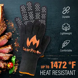 SearPro BBQ Grill Gloves Cooking Oven Mitts Fire Heat Resistant to 1400 Degrees Accessories for Barbecue Smoker Egg Fryer Hamburgers Pizza Steaks- Crock pots/Slow cookers -USA Owned Company-
