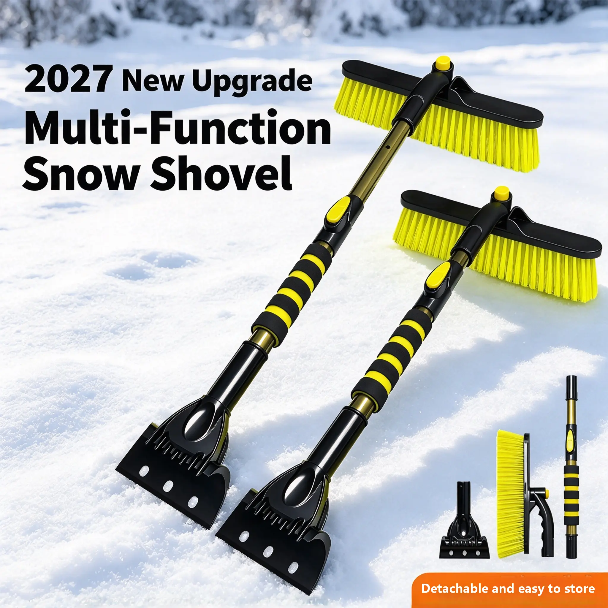 KINDOO 3-in-1 ice scraper Scraper with Snow Brush for Car Windshield Extendable Snow Brush with Foam Grip, No-Scratch Bristles, Ice and Snow Scraper for Truck, SUV, Vehicle Windows