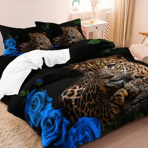 3Pcs Soft and Comfortable Leopard Romantic blue Rose Print Decorative Duvet Cover Set For Bedroom, Guest Room, Hotel, and Dorm Decor - Includes 1 Duvet Cover and 2 Pillowcases (Core Not Included)