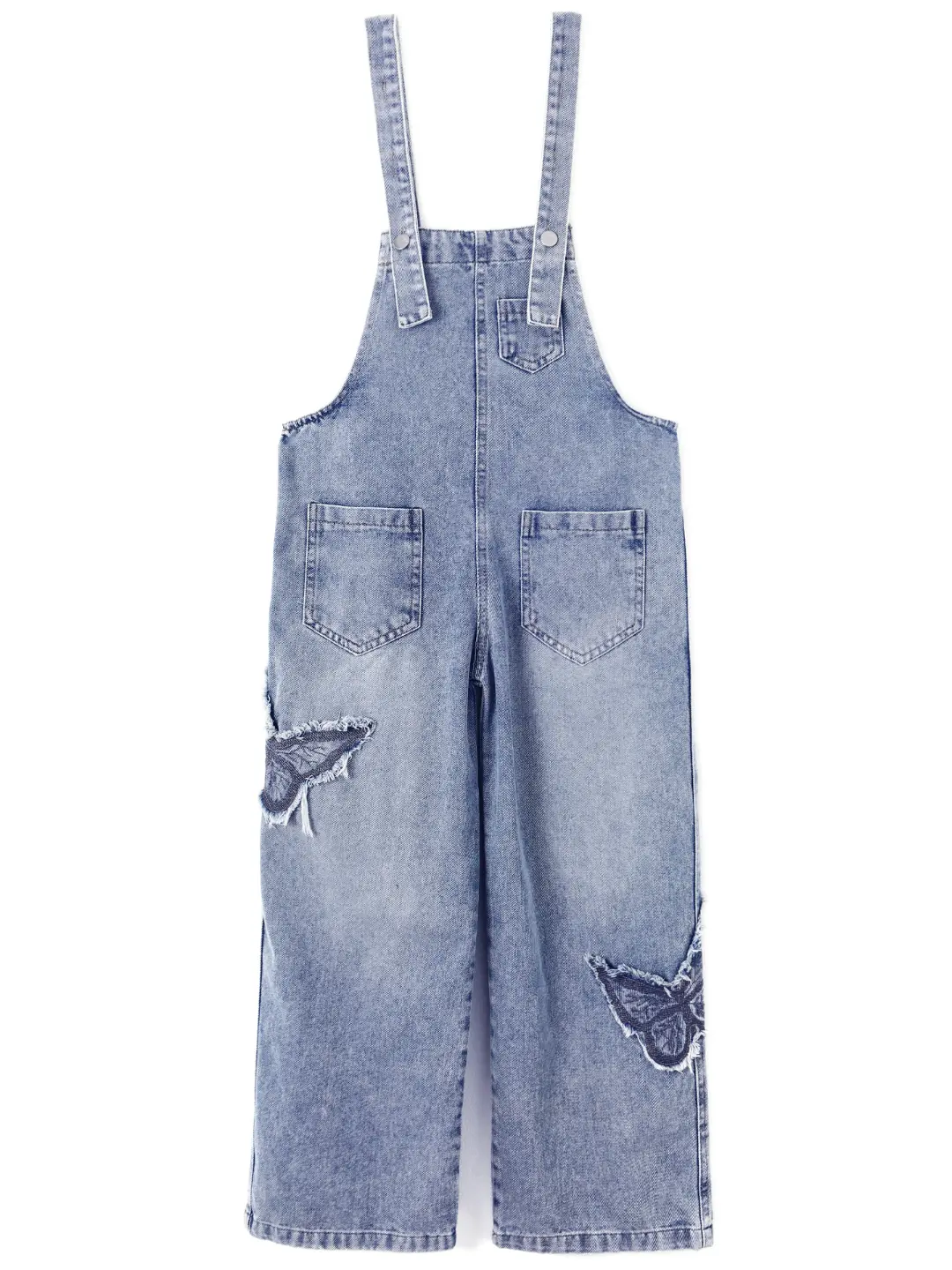 Kidscool Space Girls Butterfly Denim Overalls  Soft Stretch Wide Leg Frayed Hem Pants 2-10T, Washed, Photos, Cotton Blend, Refer To Size Chart, Play