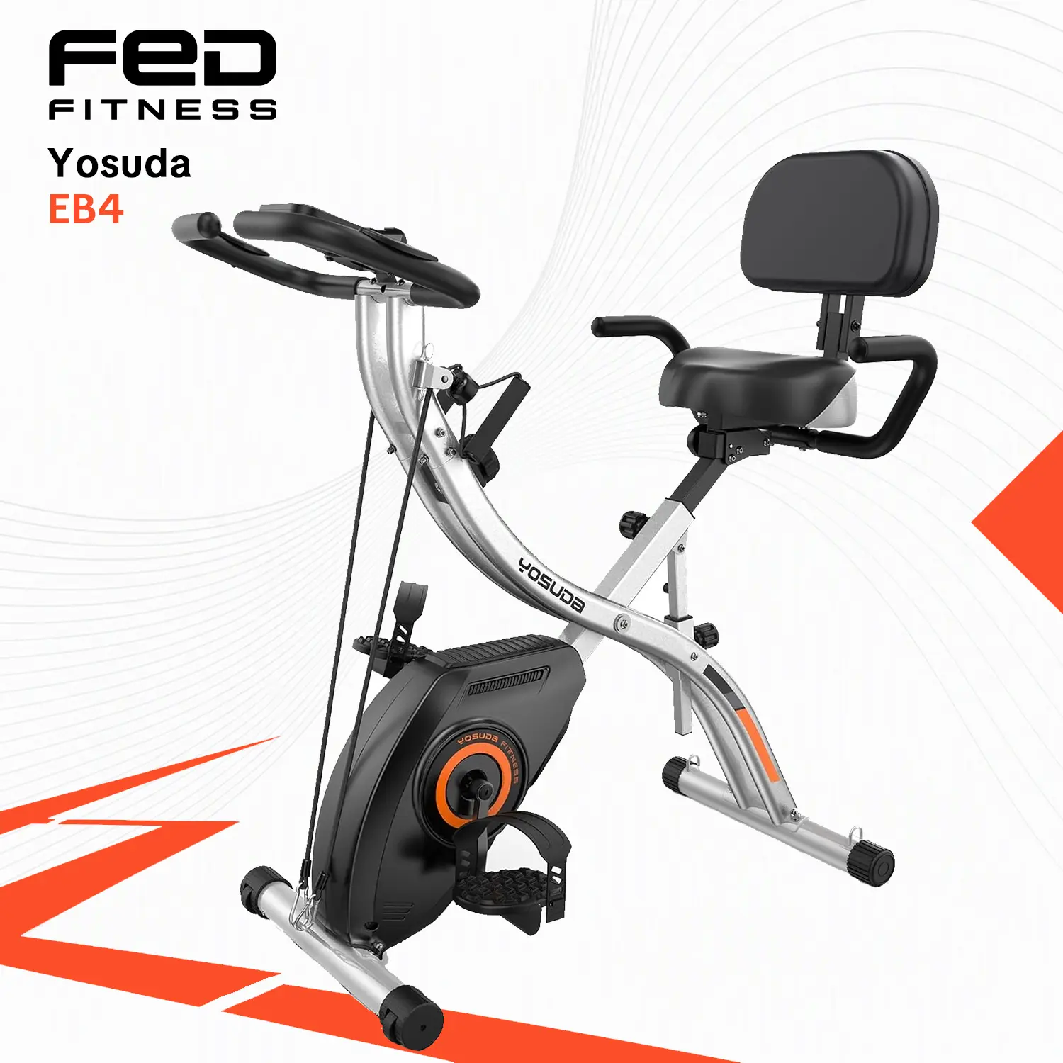 FED Fitness Yosuda Series EB4 5-in-1 Compact Folding Stationary Exercise Bike for Home Gym Cardio, 6.6lbs Flywheel, 380lb Capacity, 16-Level Silent Magnetic Resistance, Multi-Height Back Support Cushion, Unisex