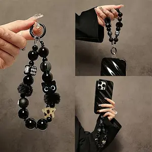 1 black plush cat phone charm, suitable as an accessory for phones, keys, etc., versatile for autumn and winter, can be given to family as a holiday gift for Halloween and Christmas