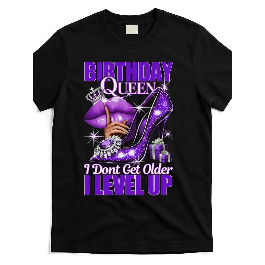 Funny "Birthday Queen" Women'S T-Shirt - I Don't Get Older, I Level Up" Design with Purple High Heels & Crown, Comfortable Cotton Crew Neck, Short Sleeve, Perfect for Adult Casual Wear, Birthday T Shirts