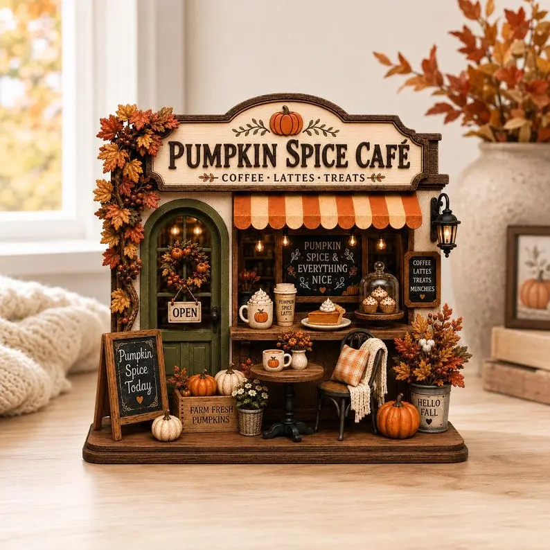 Pumpkin Spice Café 2D Wooden Block, Fall Coffee Bar Decor, Autumn Cafe Farmhouse Decor, Pumpkin Latte Shelf Decor, Thanksgiving Gift, Coffee Lover, Vintage Halloween Decor 2026, Fall Decor 2026
